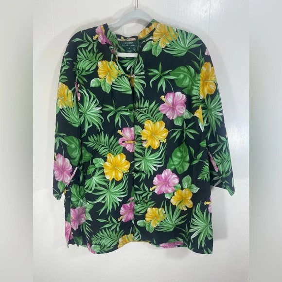 Lauren Ralph Lauren Linen Tropical Floral Tunic Top Button Toggle Knot Closure - Picture 1 of 10